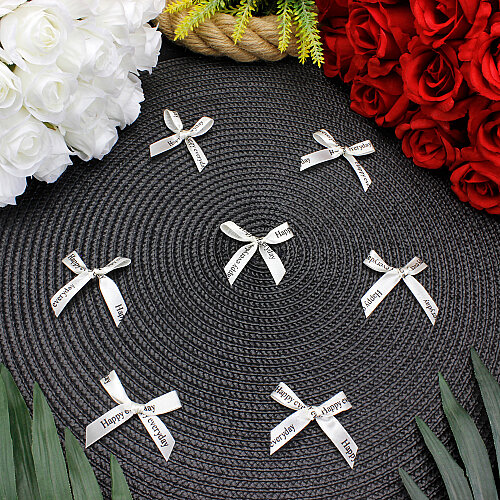 Happy Everyday Baskılı Saten Fiyonk 5 cm Krem - Toptanalim