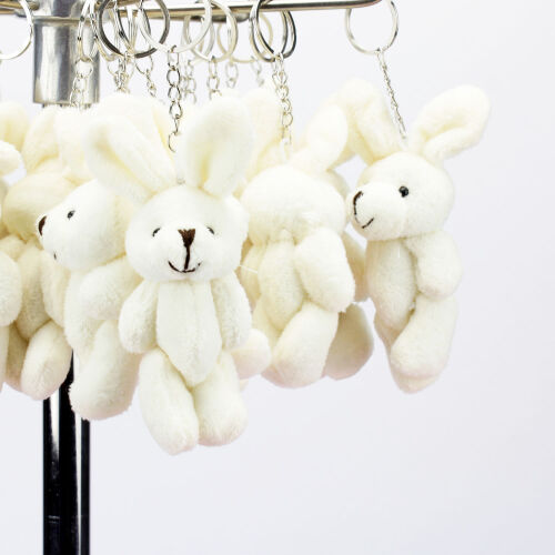 Hareketli Peluş Tavşan Anahtarlık Krem 12'li Paket - Kare Dekor