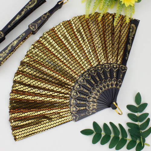 Hediyelik Gold Pullu Desenli Şık Serinletici Siyah Renk Yelpaze 12'li Paket - Kare Dekor
