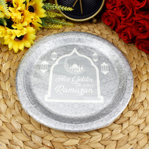 Hoşgeldin Ramazan Karton Tabak Gri 8'li Paket - Kare Dekor (1)