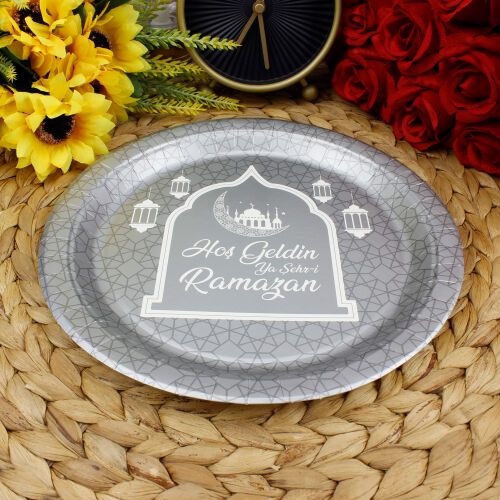 Hoşgeldin Ramazan Karton Tabak Gri 8'li Paket - Kare Dekor