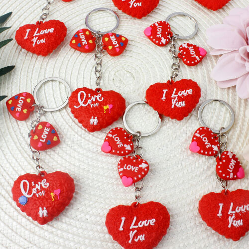 I Love You Kırmızı Kalp Silikon Anahtarlık 12'Li Paket - Kare Dekor (1)