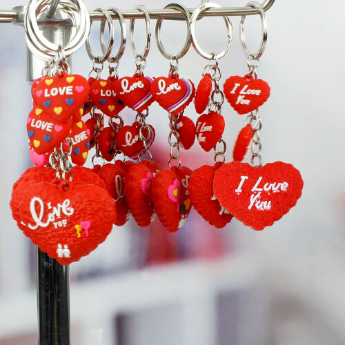 I Love You Kırmızı Kalp Silikon Anahtarlık 12'Li Paket - Kare Dekor