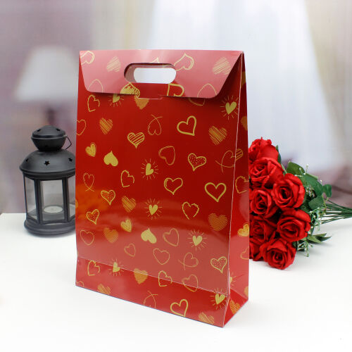 Kalp Desenli Hediye Çantası 35CM - Kare Dekor