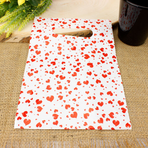 Kalp Desenli Hediyelik El Geçme Poşeti Beyaz 12x17CM 50'li Paket - Kare Dekor