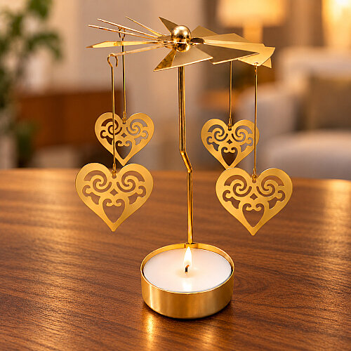 Kalp Figürlü Isı ile Dönen Metal Tealight Mumluk Gold - Toptanalim
