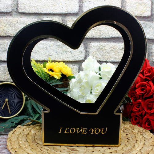 Kalpli Kağıt I Love You Çiçek Kutusu Siyah - Kare Dekor