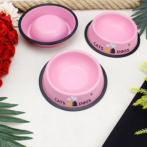 Kaymaz Tabanlı Kedi Köpek Desenli Metal Mama ve Su Kabı 18 cm Pembe - Toptanalim