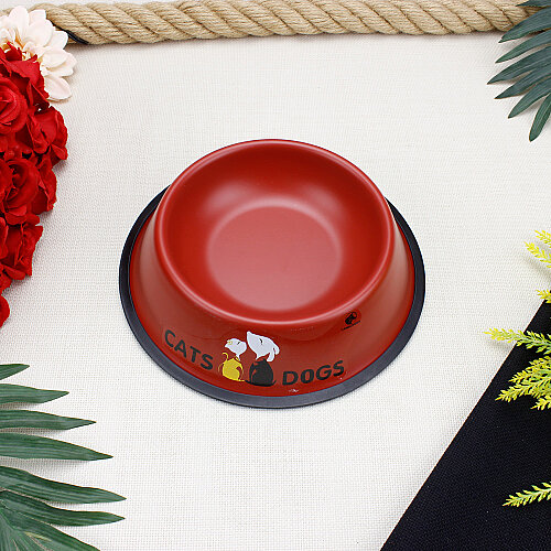 Kaymaz Tabanlı Kedi Köpek Desenli Metal Mama ve Su Kabı 22 cm Kırmızı - Toptanalim