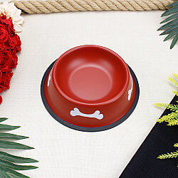 Kaymaz Tabanlı Kemik Desenli Metal Kedi Köpek Mama ve Su Kabı 22 cm Kırmızı - 1