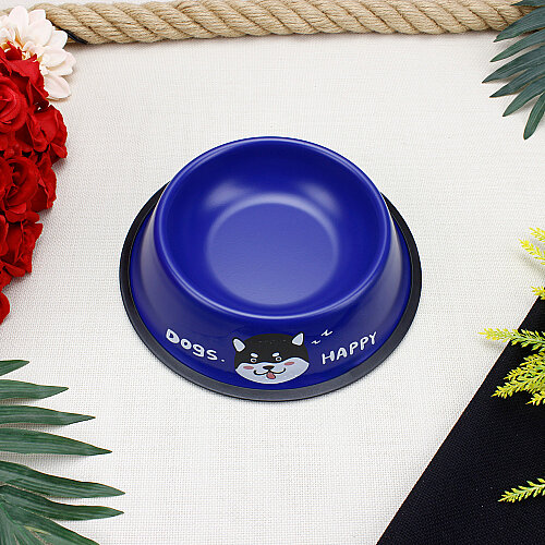 Kaymaz Tabanlı Köpek Desenli Metal Kedi Köpek Mama ve Su Kabı 22 cm Mavi - Toptanalim