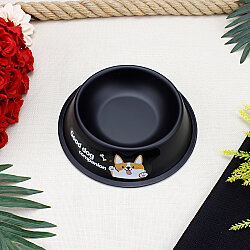 Kaymaz Tabanlı Köpek Desenli Metal Kedi Köpek Mama ve Su Kabı 22 cm Siyah - 1