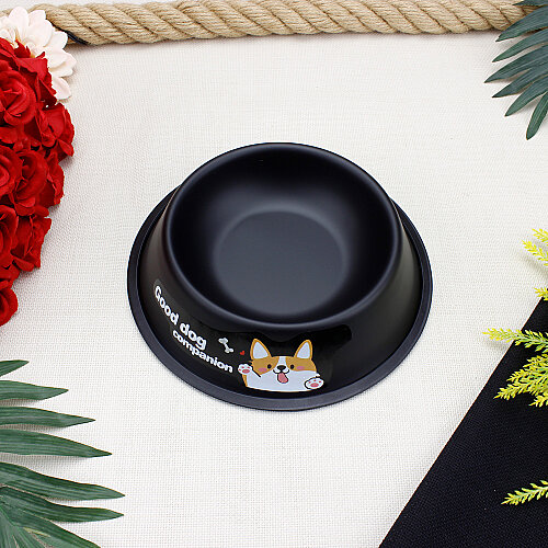 Kaymaz Tabanlı Köpek Desenli Metal Kedi Köpek Mama ve Su Kabı 22 cm Siyah - Toptanalim