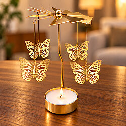Kelebek Figürlü Isı ile Dönen Metal Tealight Mumluk Gold - 1