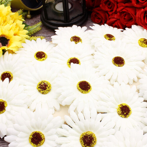 Lüks Kumaş Gerbera Kafa 10CM 50'li Paket Beyaz - Kare Dekor