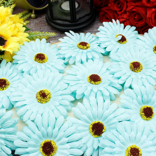 Lüks Kumaş Gerbera Kafa 10CM 50'li Paket Mavi - Kare Dekor