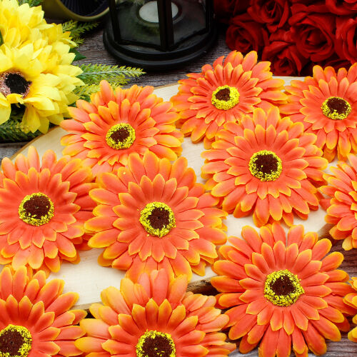 Lüks Kumaş Gerbera Kafa 10CM 50'li Paket Turuncu - Kare Dekor