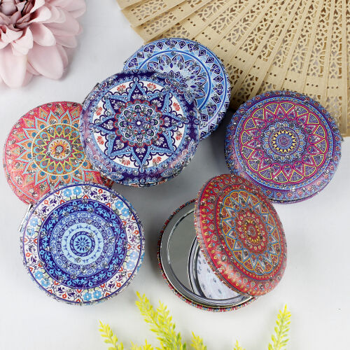 Mandala Desen Lüx Yuvarlak Cep Çanta Makyaj Aynası Model 1 - Kare Dekor