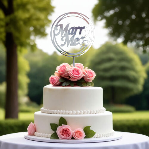 Marry Me Yazılı Kalpli Pasta Süsü Gümüş Renk - Kare Dekor