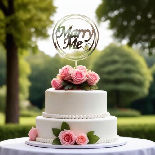 Marry Me Yazılı Kalpli Pasta Süsü Gold Renk - Kare Dekor
