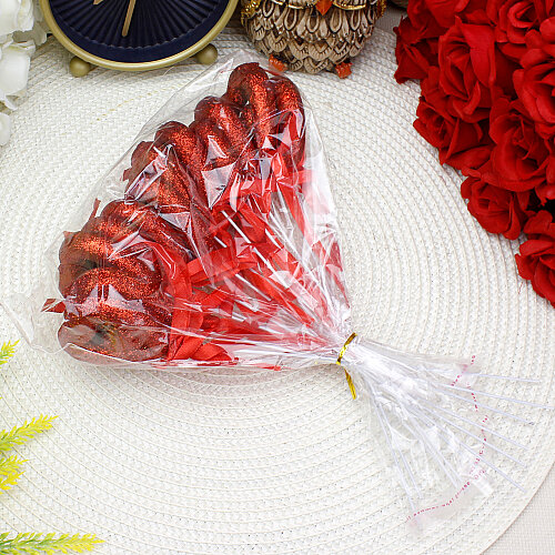 Metal Çubuklu Simli Çift Kalpli Strafor Kırmızı 23 cm 12’li Paket - 3