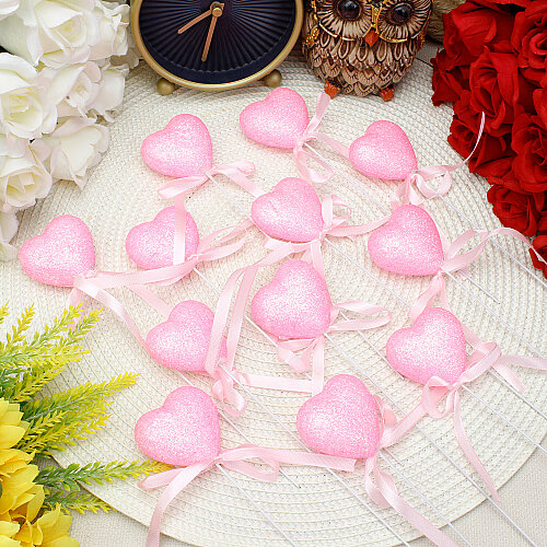 Metal Çubuklu Simli Kalp Strafor Pembe 22 cm 12’li Paket - Toptanalim