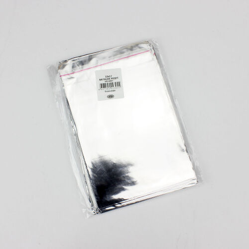 Metalize Bantlı Poşet Gri 100'lü Paket 12X17CM - Kare Dekor (1)