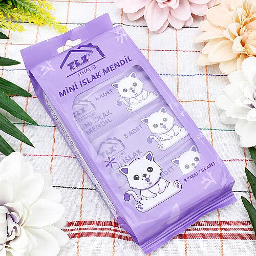 Mini Kedi Desenli Cep Islak Mendil Lila 8’li Paket - Toptanalim (1)