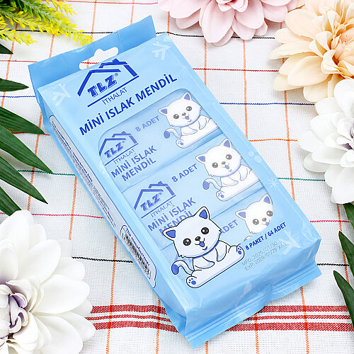 Mini Kedi Desenli Cep Islak Mendil Mavi 8’li Paket - Toptanalim (1)