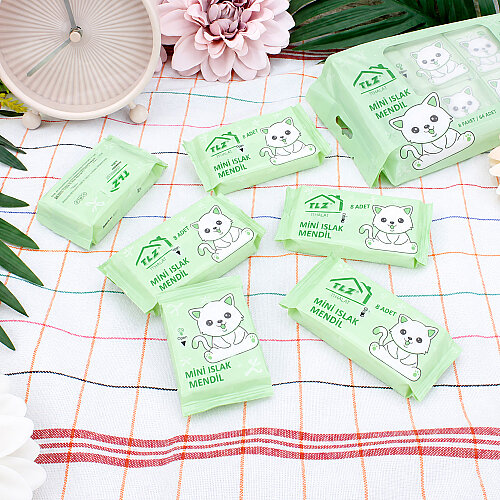 Mini Kedi Desenli Cep Islak Mendil Mint 8’li Paket - Toptanalim