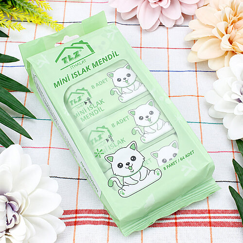 Mini Kedi Desenli Cep Islak Mendil Mint 8’li Paket - Toptanalim (1)