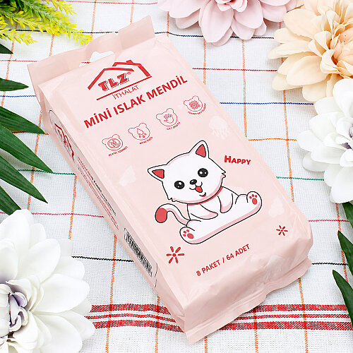  Mini Kedi Desenli Cep Islak Mendil Pudra 8’li Paket - Toptanalim (1)