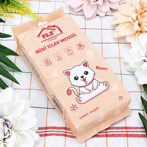 Mini Kedi Desenli Cep Islak Mendil Somon 8’li Paket - Toptanalim (1)