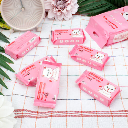 Mini Kedi Pembe Cep Islak Mendil 8’li Paket - Toptanalim