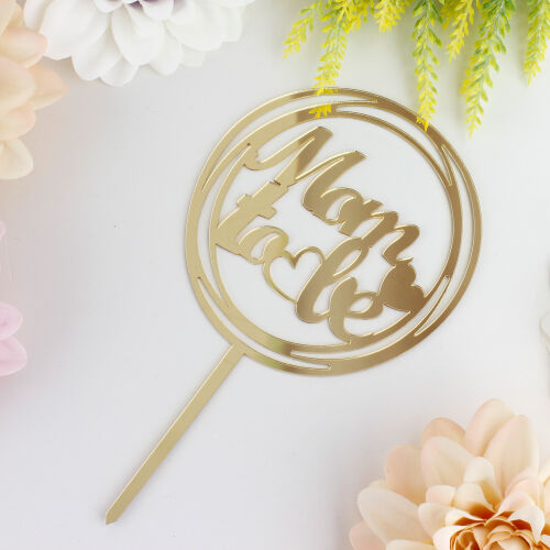 Mom To Be Yazılı Kalpli Pasta Süsü Gold Renk - Kare Dekor (1)