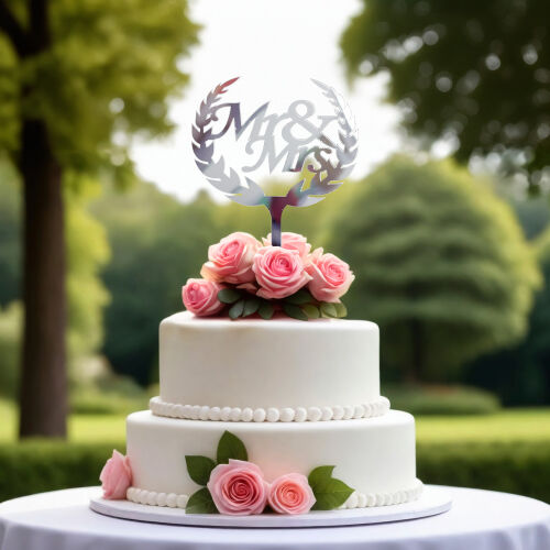 Mr & Mrs Yazılı Şekilli Pasta Süsü Gümüş Renk - Kare Dekor