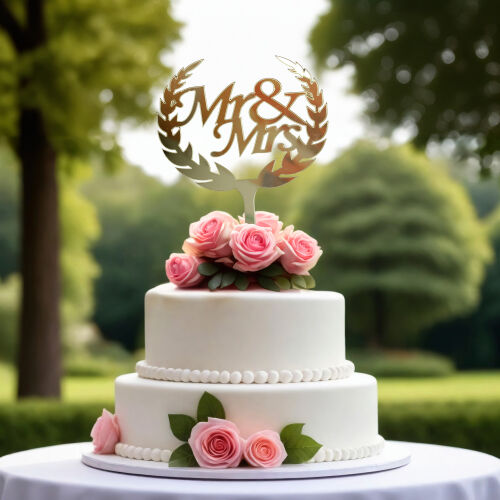 Mr & Mrs Yazılı Şekilli Pasta Süsü Gold Renk - Kare Dekor