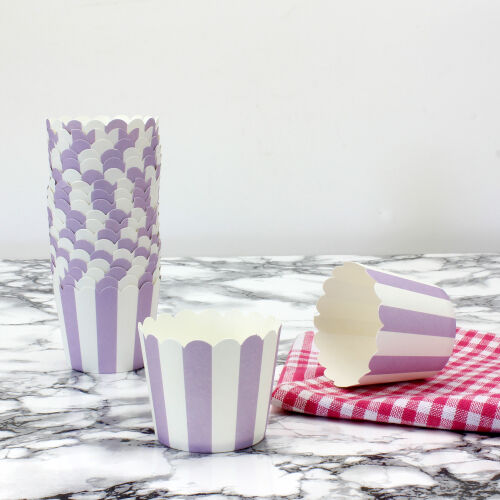 Muffin Kek Kalıbı 25'li Paket Lila Beyaz Çizgili - Kare Dekor