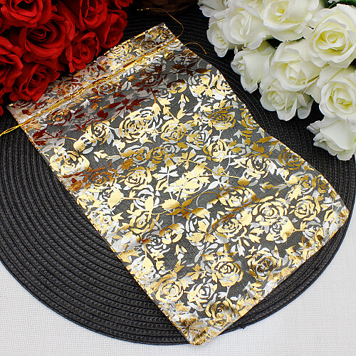Organze Gül Desenli Tül Kese Gold 20x30 cm (50’li Paket) - Toptanalim