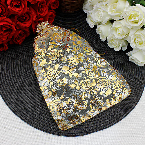 Organze Gül Desenli Tül Kese Gold 20x30 cm (50’li Paket) - Toptanalim (1)