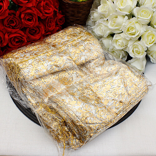 Organze Gül Desenli Tül Kese Gold 20x30 cm (50’li Paket) - 4