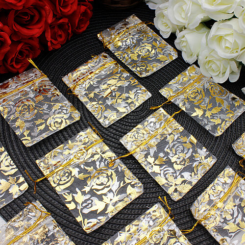 Organze Gül Desenli Tül Kese Gold 7x9 cm (100’lü Paket) - Toptanalim