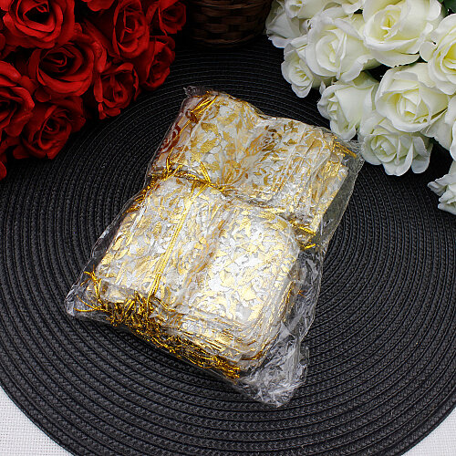 Organze Gül Desenli Tül Kese Gold 7x9 cm (100’lü Paket) - 4