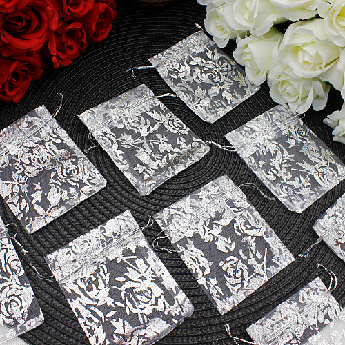 Organze Gül Desenli Tül Kese Gümüş 7x9 cm (100’lü Paket) - Toptanalim