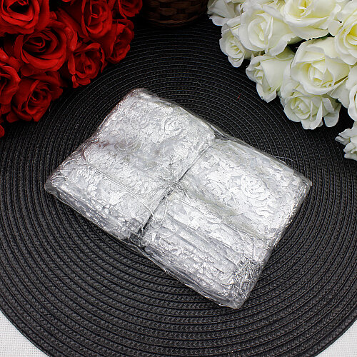 Organze Gül Desenli Tül Kese Gümüş 7x9 cm (100’lü Paket) - 4