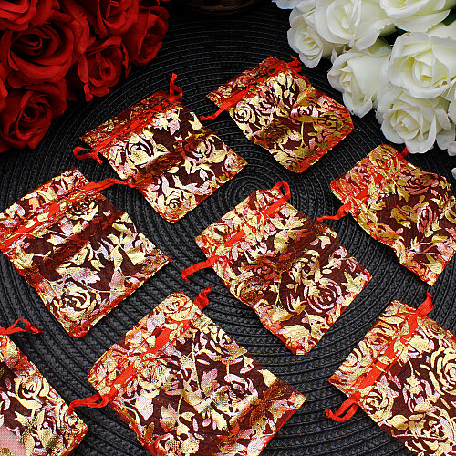 Organze Gül Desenli Tül Kese Kırmızı Gold 7x9 cm (100’lü Paket) - Toptanalim