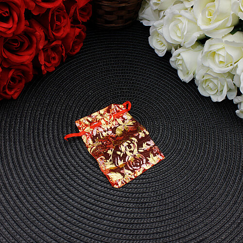 Organze Gül Desenli Tül Kese Kırmızı Gold 7x9 cm (100’lü Paket) - Toptanalim (1)