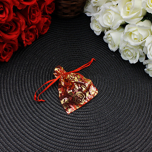 Organze Gül Desenli Tül Kese Kırmızı Gold 7x9 cm (100’lü Paket) - 3