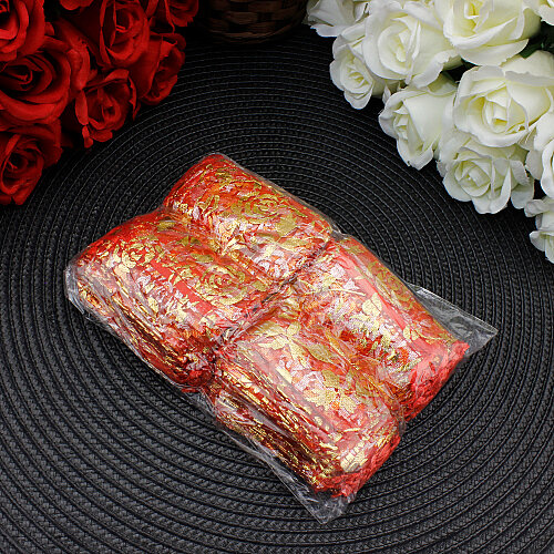 Organze Gül Desenli Tül Kese Kırmızı Gold 7x9 cm (100’lü Paket) - 4
