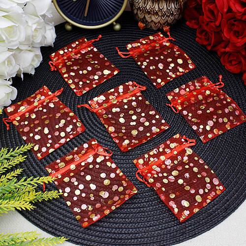 Organze Puantiyeli Tül Kese Kırmızı Gold 7x9 cm (100’lü Paket) - Toptanalim